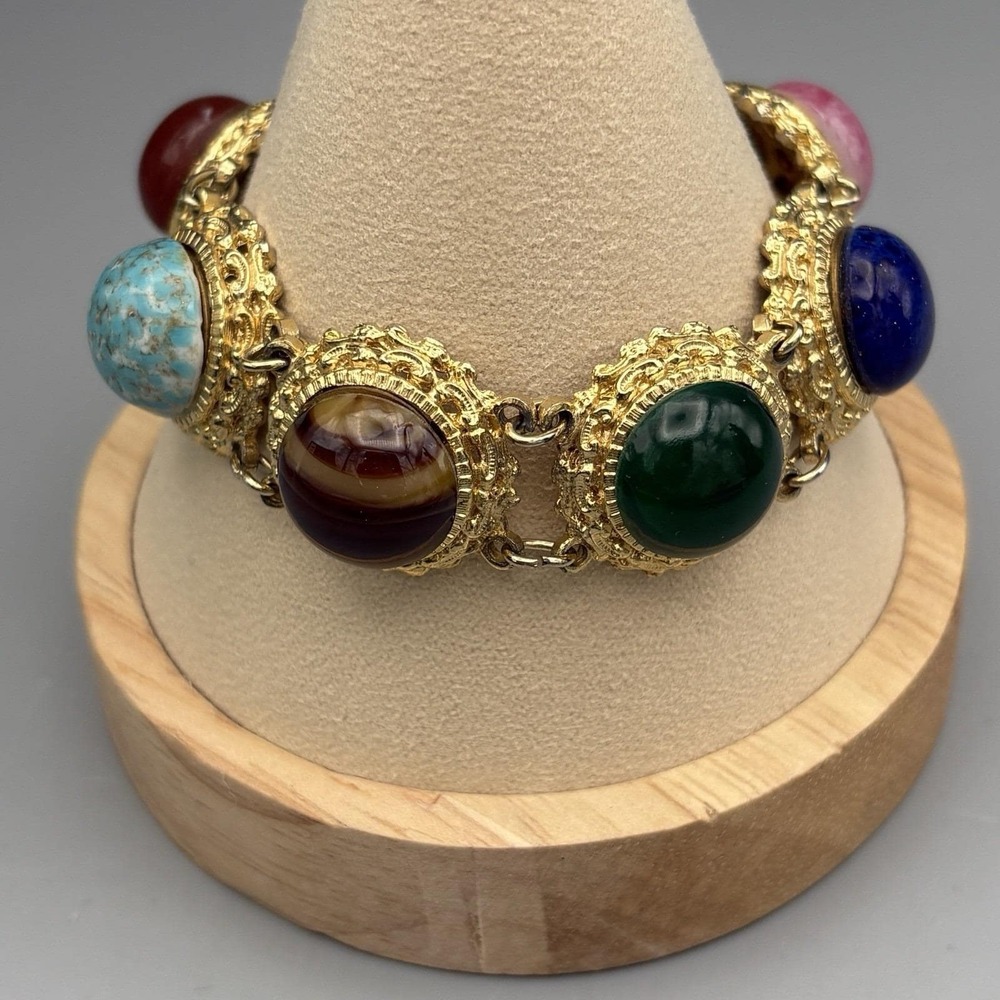 Vintage Bracelet Cabochon Link Multicolor Egyptian Revival Textured MCM